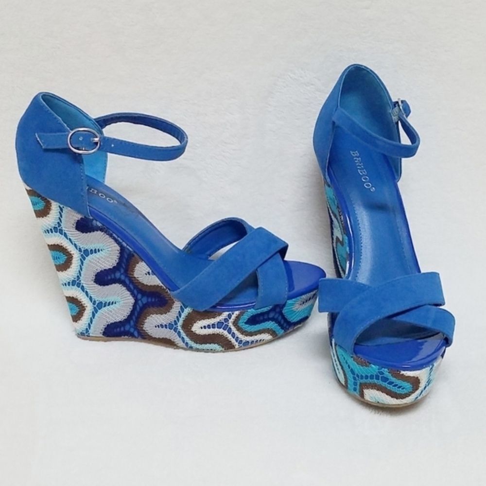 BAMBOO Eliza Blue Crochet Boho Platform Wedges